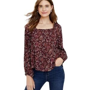 LOFT Maroon Paisley Off Shoulder Peasant Blouse Womens Sz L | Boho Long Sleeve